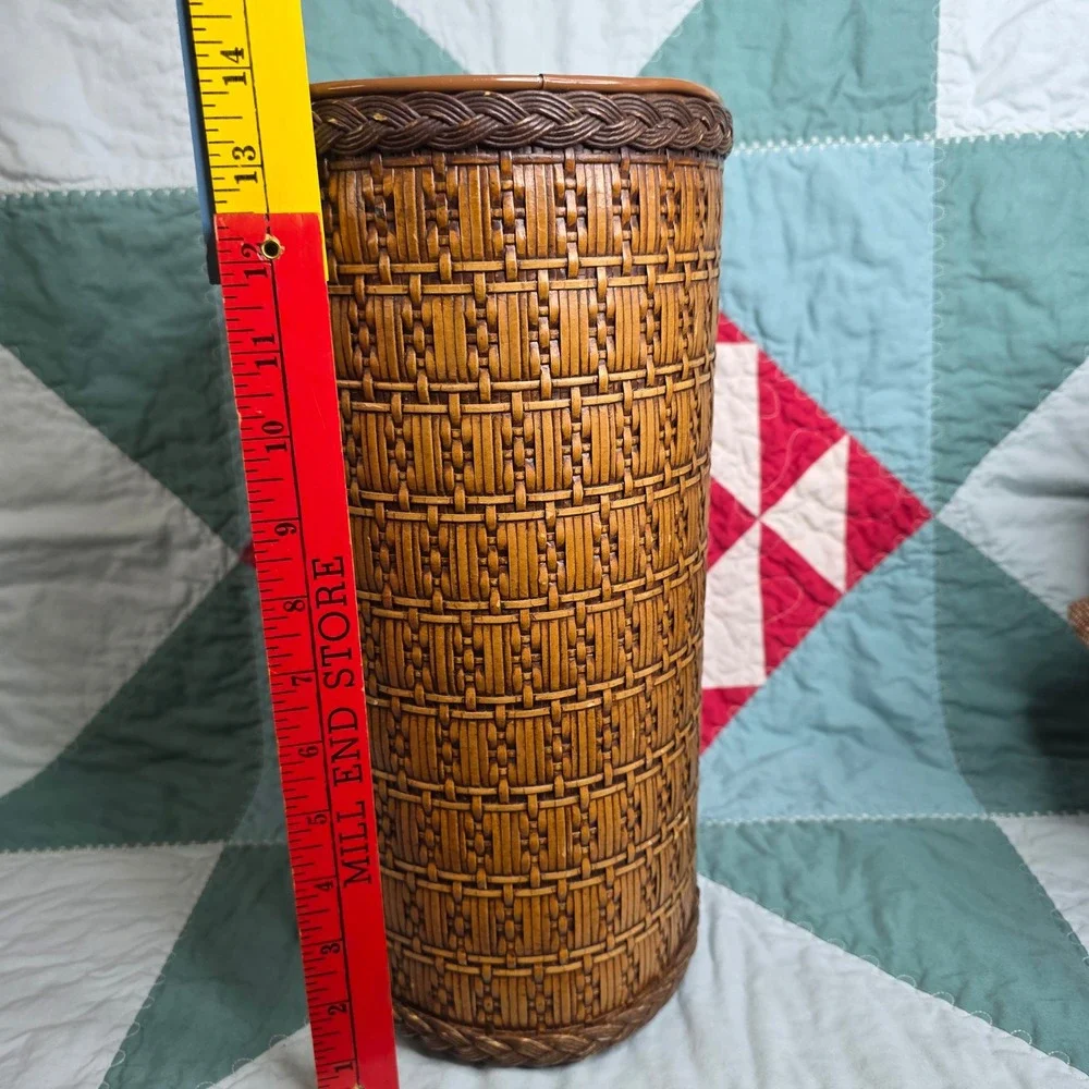 Vintage Faux Woven Wicker Metal Wastebasket Brown Trash Can Mid Century Decor